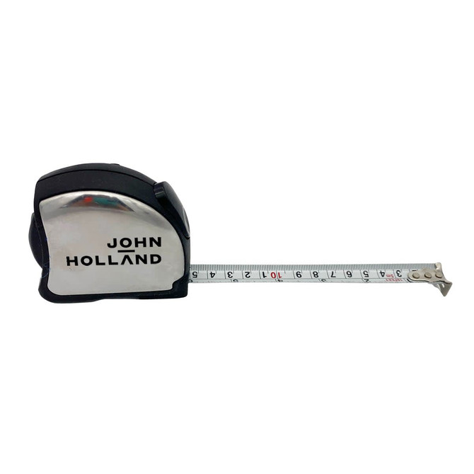 A professional 5 metre tape measure with a silver tape and black casing, featuring a logo.