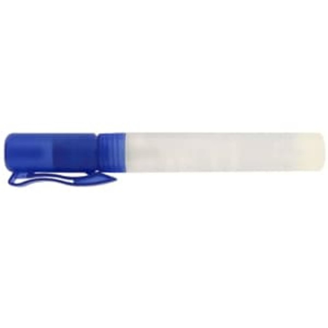 A clear 10ml sanitiser spray bottle with a blue cap and clip. Features a logo on the bottle.