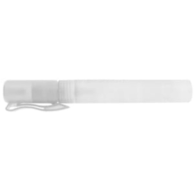 A clear 10ml sanitiser spray with a white cap and a clip. The bottle is simple and sleek in design.