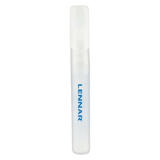 A 10ml sanitiser spray bottle in clear plastic with a white spray nozzle and a logo on the front.