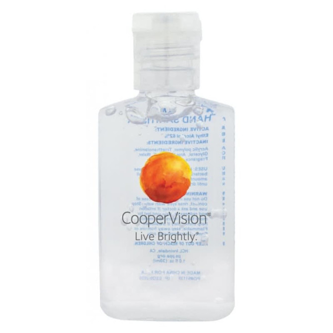 A clear, 30ml hand sanitiser gel with 75% ethyl-alcohol and a logo. The bottle features an orange circle design.