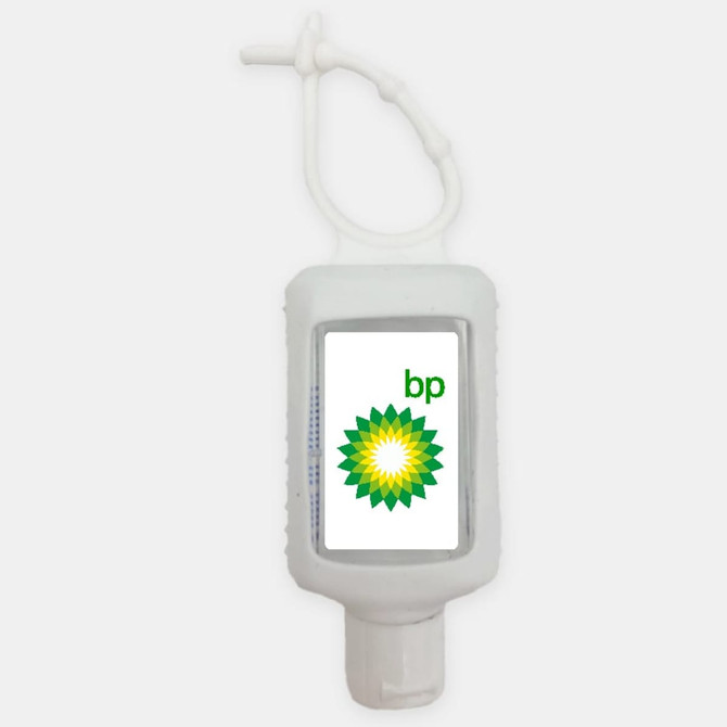 A 60ml hand sanitiser gel in a white silicone soft travel sleeve, featuring a logo on the front.