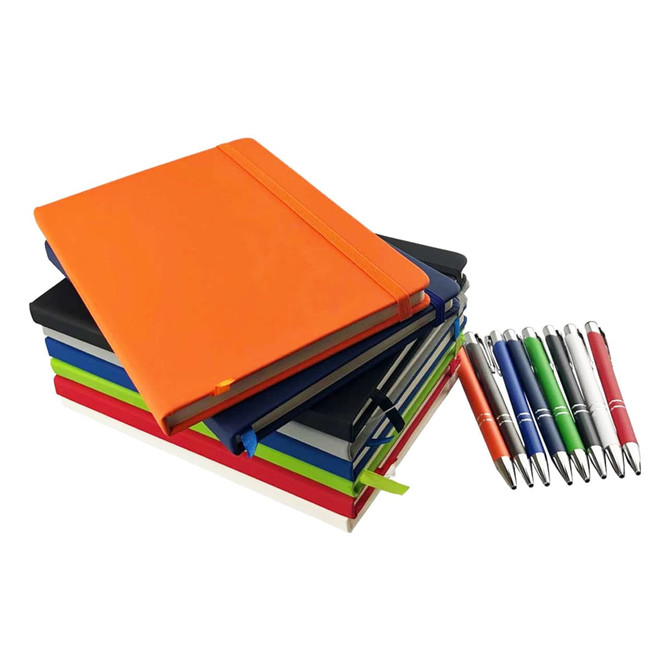 An assortment of A5 notebooks in various colours, accompanied by a set of pens in multiple colours.