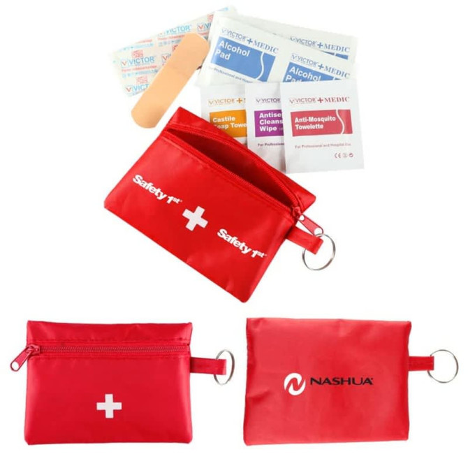 A red first aid travel kit containing 22 pieces, including wipes, pads, and a bandage, with a logo.