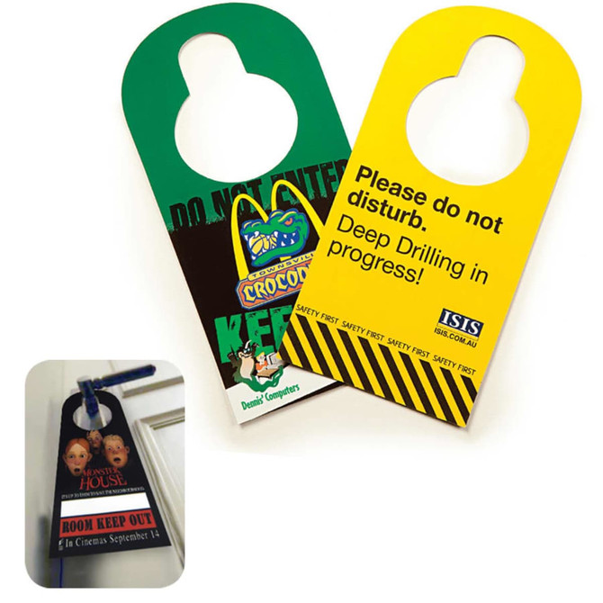 A double-sided door hanger featuring green and yellow colours, with different designs on each side and a hanger notch.