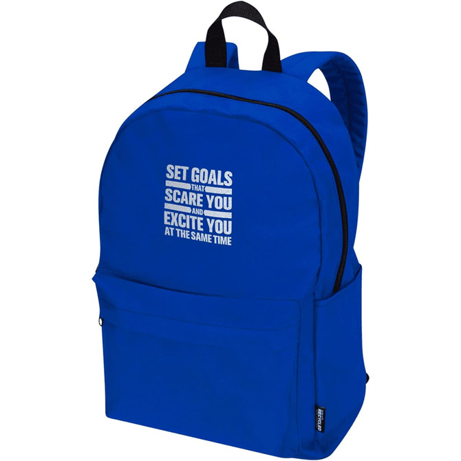 A blue laptop backpack with a logo and a front zip pocket for storage.