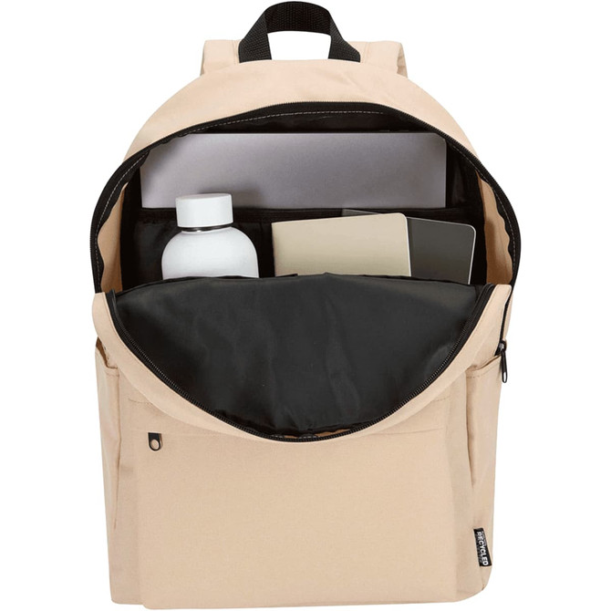A beige laptop backpack with a black interior, featuring a drink bottle, notepad, and laptop compartment.