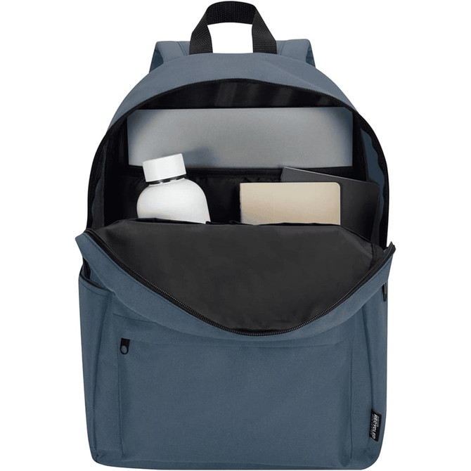 A blue laptop backpack with a large main compartment, featuring a drink bottle, notebook, and tablet.