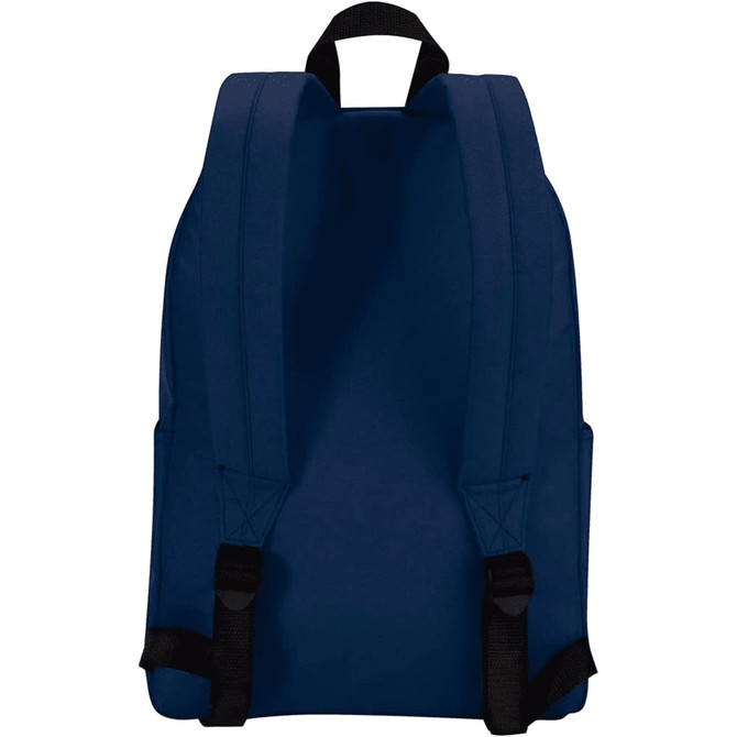 A navy blue laptop backpack with two shoulder straps and side pockets. It features a simple design and has a logo.