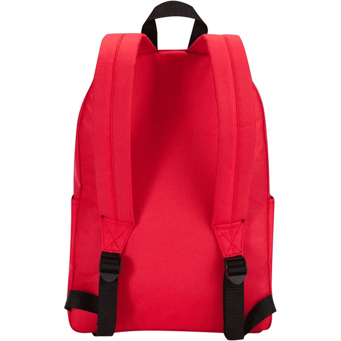 A red backpack featuring adjustable black straps and side pockets, with a simple, clean design.