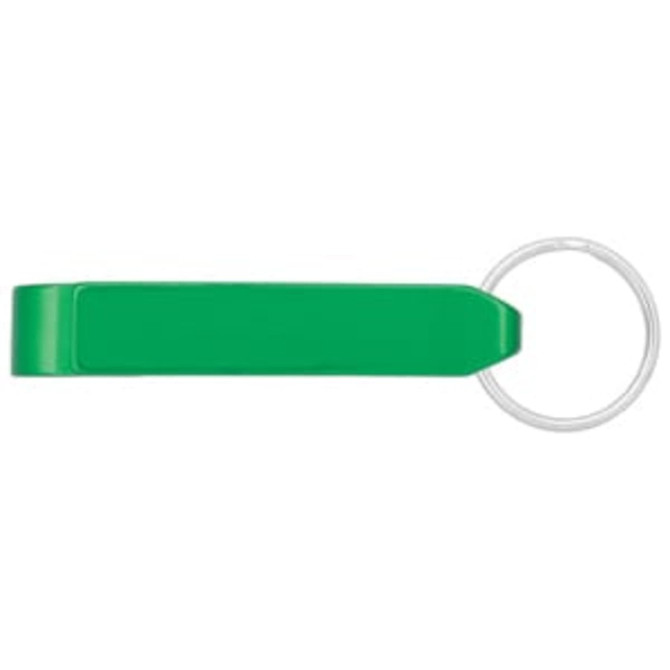 A green bottle opener with a keyring attachment, featuring a smooth finish and a simple design.