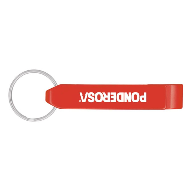 A drink bottle opener in red, featuring a keyring attachment and a logo.