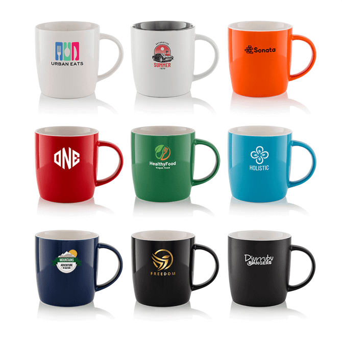 A collection of nine mugs in various colours, each featuring a different logo or branding design.