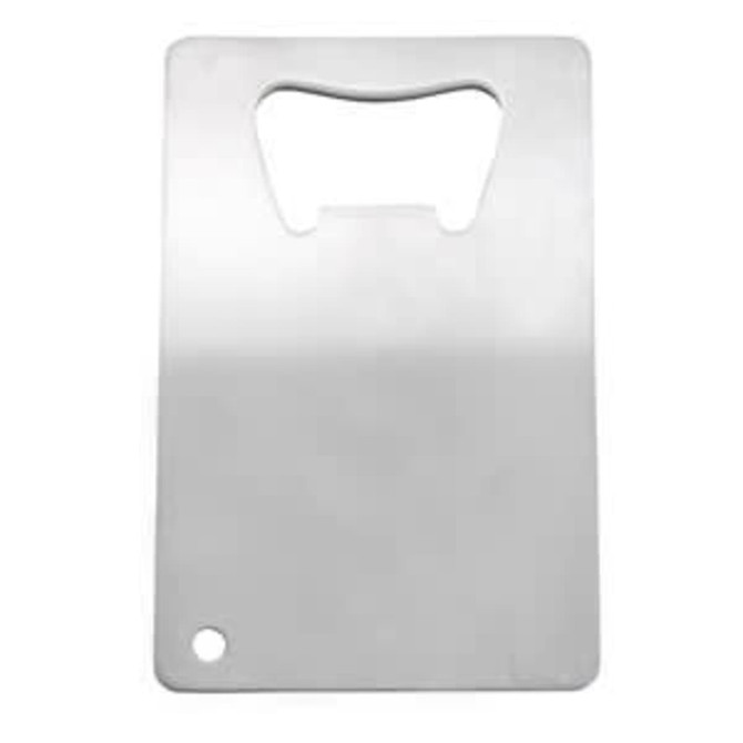 A drink bottle opener in stainless steel, featuring a minimalist design with a circular hole and a bottle opener cutout.