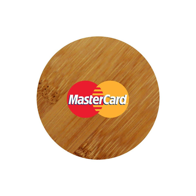 A round bamboo bottle opener featuring a logo in red and yellow on its surface. The opener has a natural bamboo finish.