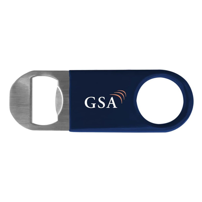 A drink bottle opener in navy blue with a stainless steel edge and a logo on one side.