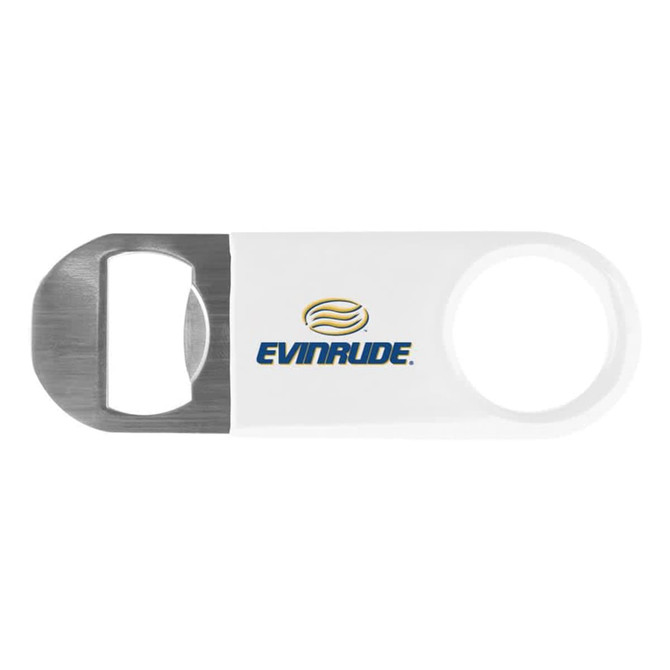 A drink bottle opener in white and stainless steel, featuring a branding logo.