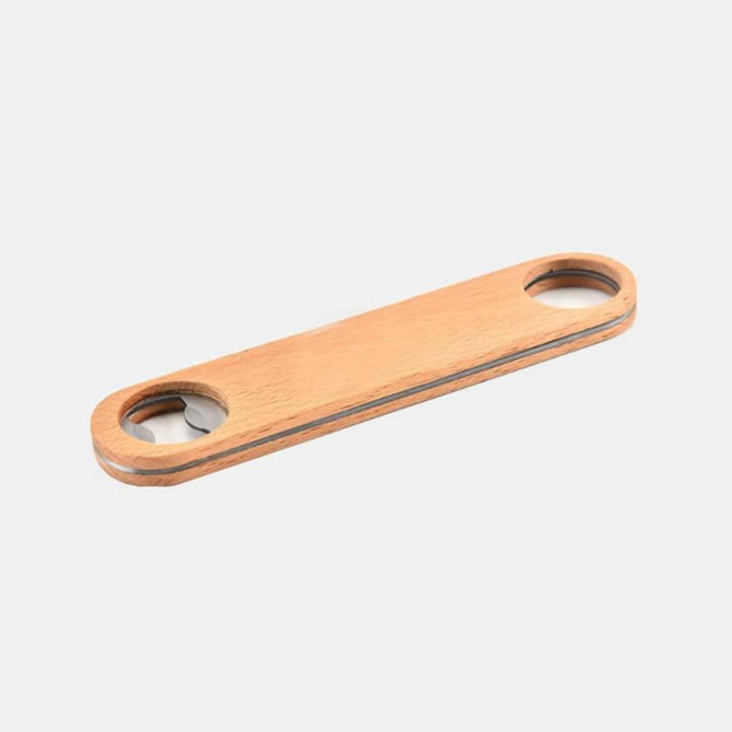 A drink bottle opener made of bamboo, featuring two circular openings. The design is simple and natural.