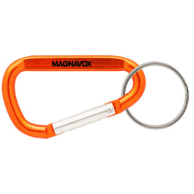 An orange 60mm carabiner with a silver keyring and a branding logo.