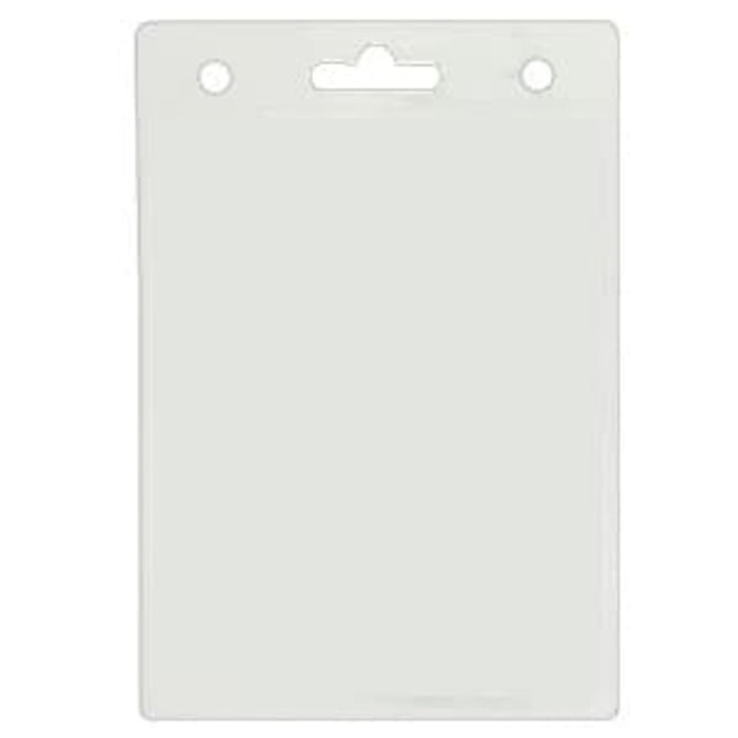 A clear plastic badge holder with two top holes for attachment, measuring 110mm W x 160mm H.