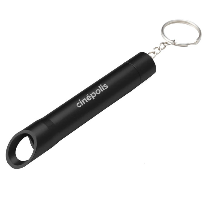 A black bottle opener keychain with a cylindrical shape and a loop for easy attachment. It features a logo.