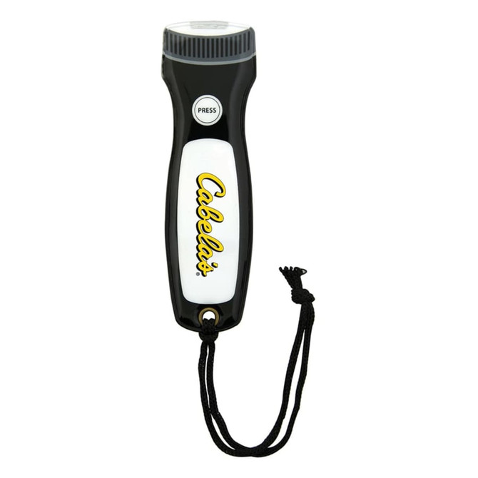 A black and white magnetic flashlight with a textured grip and a lanyard for easy carrying. It has a logo.
