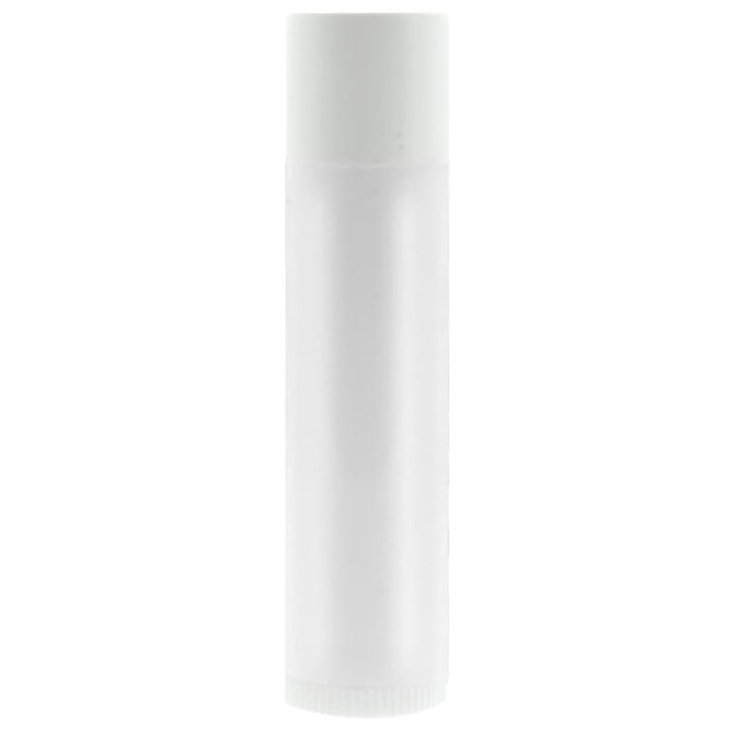 A clear lip balm tube with a white cap, featuring a smooth surface and a simple, minimalist design.