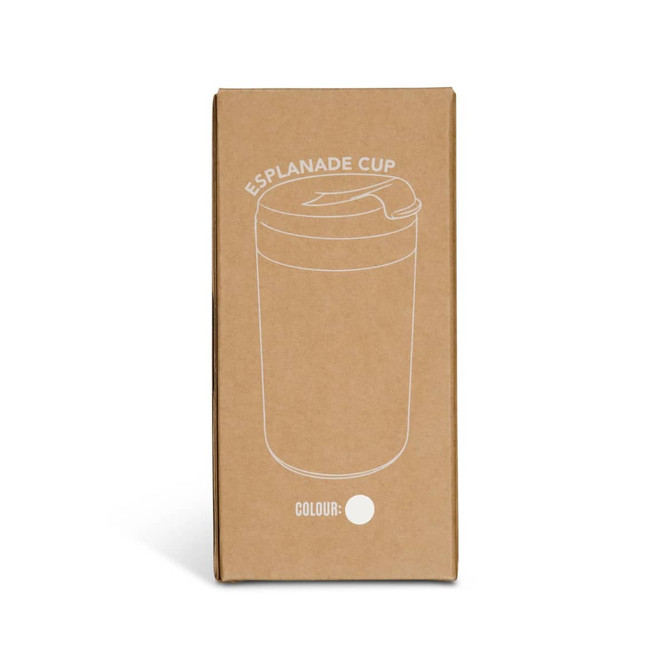 A coffee cup in a brown cardboard box, featuring a minimalist design and a lid, in a white colour.