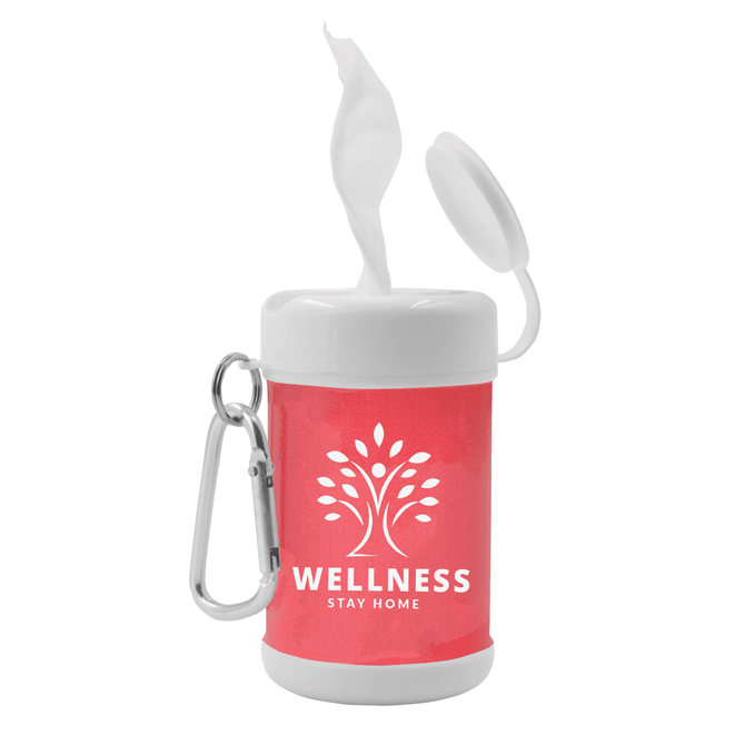 A pink antibacterial wipes canister with a white lid and a logo, featuring a convenient carrying clip.
