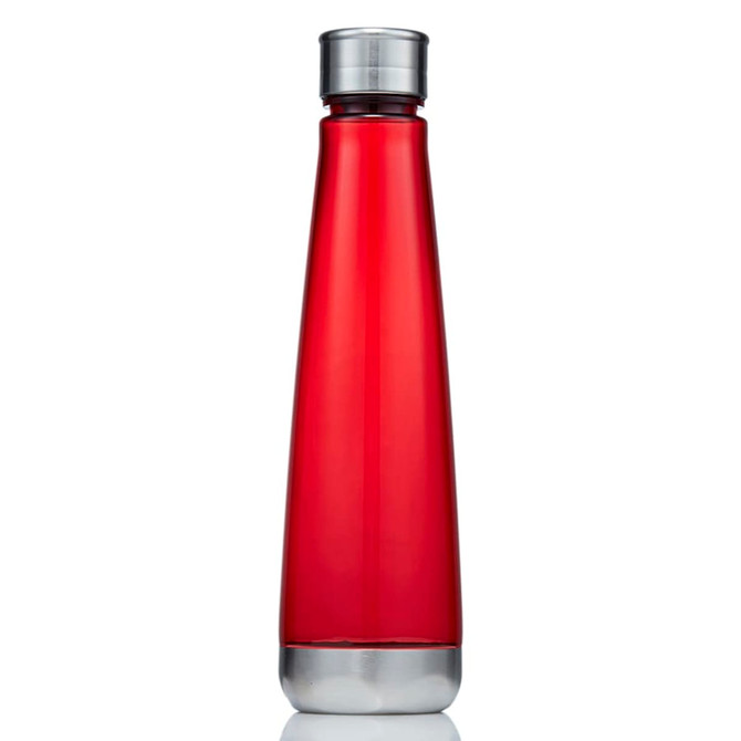 A drink bottle made of red Tritan material with a silver metallic cap and a sleek, tapered design.