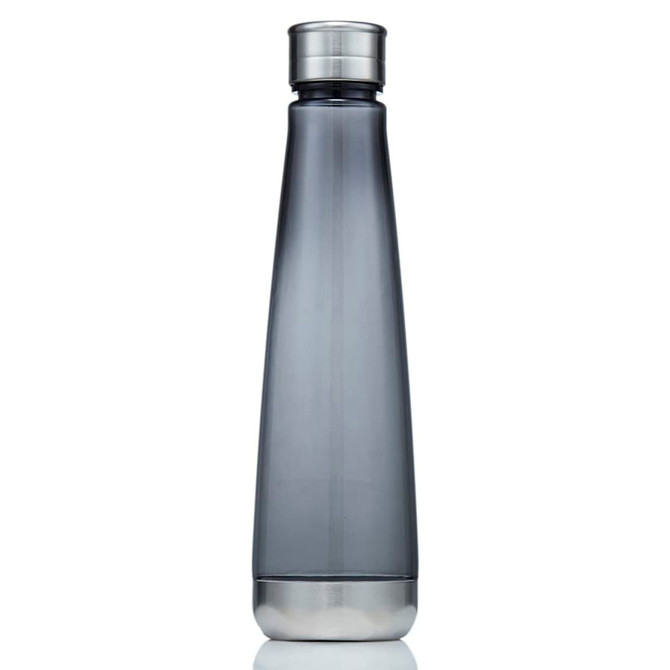 A drink bottle made of grey Tritan, featuring a stainless steel lid and base, with a sleek design.
