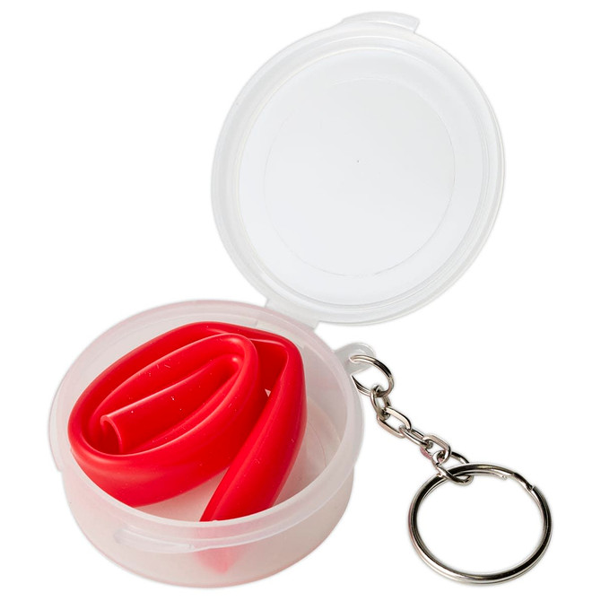 A red reusable silicone straw coiled inside a clear plastic case with a keyring attachment.