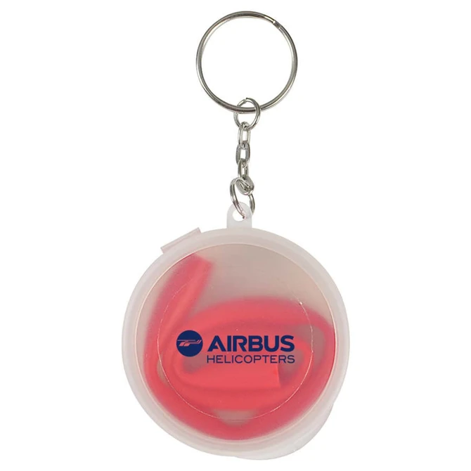 A clear container with a keyring holds a red reusable silicone straw inside. The container features a logo.