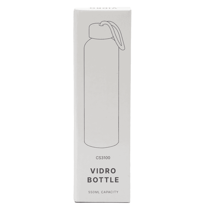 A drink bottle with a sleek design, featuring a lid and an attached carrying loop, in white packaging.