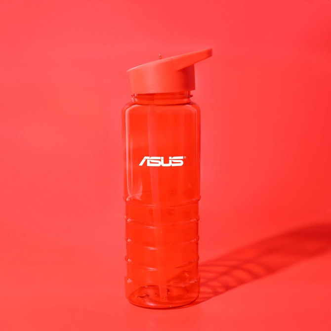 A drink bottle in transparent red plastic, featuring a flip-top lid and a visible logo.