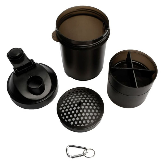 A drink bottle set featuring a black 400ml shaker cup with a removable lid and separate compartments. Includes a carabiner.