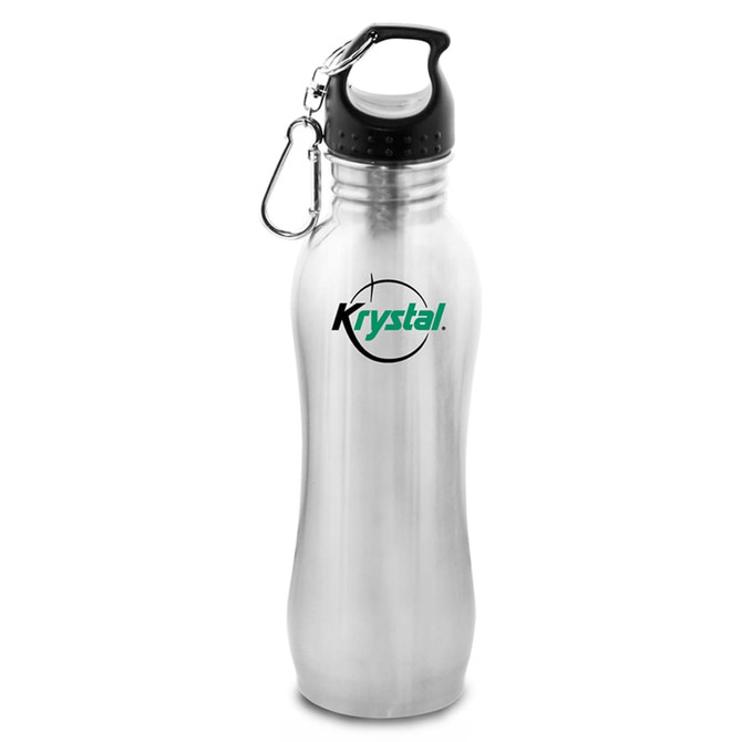 A drink bottle in silver and black with a carabiner and a logo on the side.