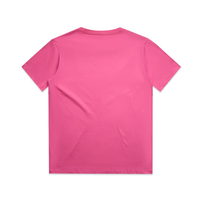 A pink short-sleeved t-shirt with a plain back. It features a logo on the label.