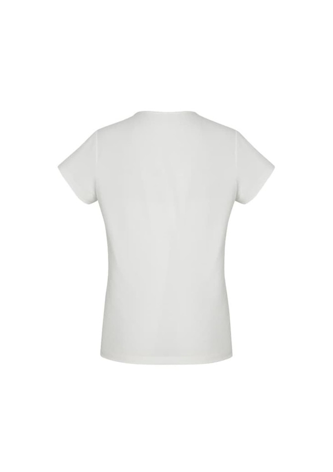A white women's short sleeve top with a simple design, featuring a back view and no visible branding.