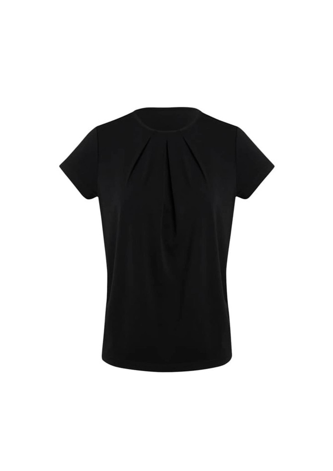 A black women's short sleeve top featuring pleat detailing and a relaxed fit. It has a logo on the garment.
