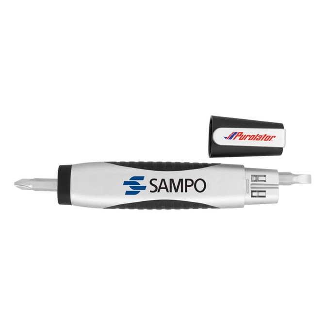 A silver flashlight tool kit with a level and screwdriver attachments, featuring a black and silver cap.