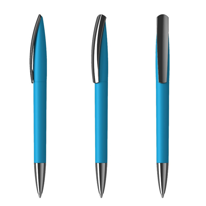 Three plastic pens in a vibrant blue colour with chrome accents, showcasing different angles. Each pen has a sleek design and a logo.