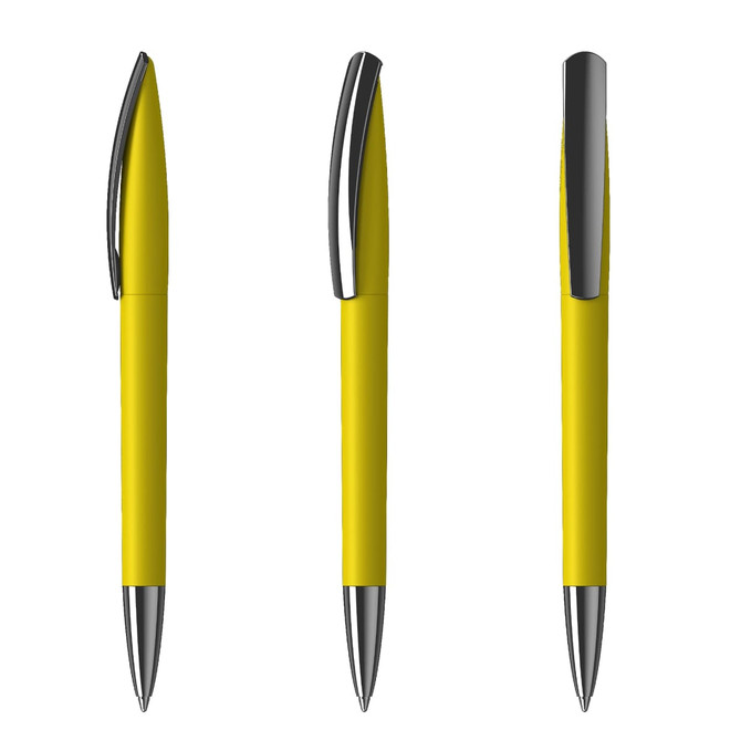 A set of three plastic pens in bright yellow with chrome accents, featuring a sleek design and an attached clip.