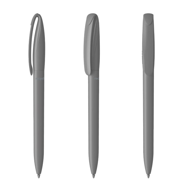A set of three grey plastic pens with a sleek design and a logo present on the barrel.