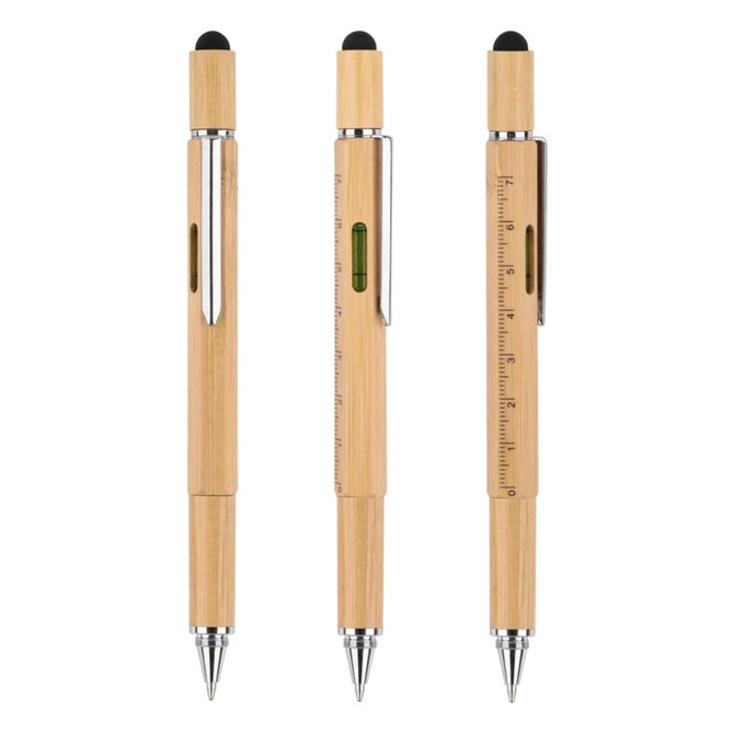 A Bamboo Tool Pen in a natural finish with a stylus tip and a ruler along the barrel, featuring a pocket clip.
