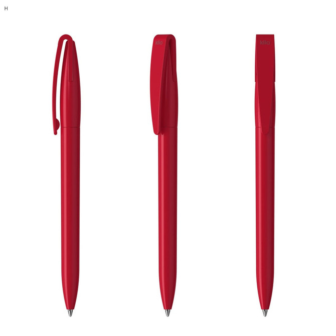 Three red plastic pens arranged in different positions, each featuring a clip and a smooth finish.
