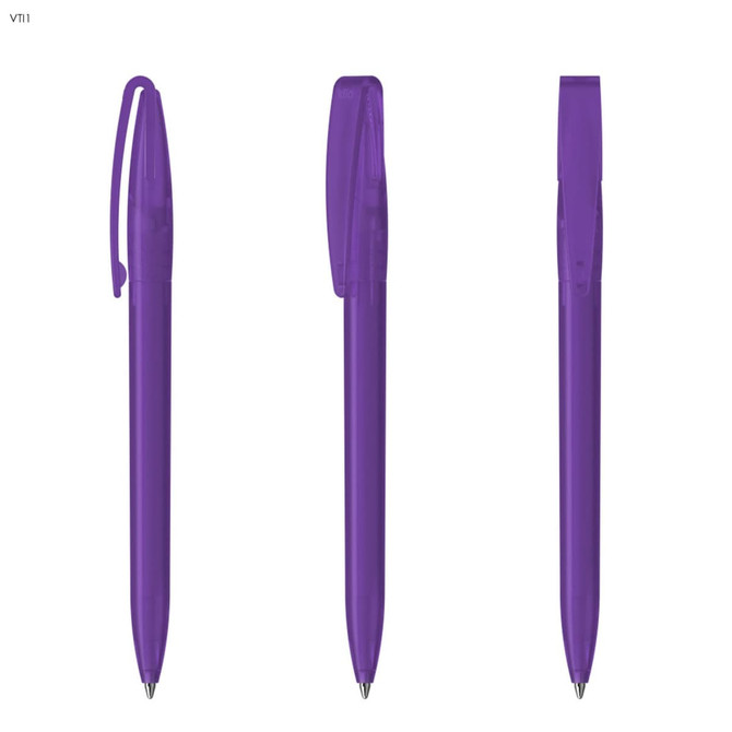 Purple plastic pen with a clip, depicted from multiple angles, showcasing its sleek design. Includes a logo.