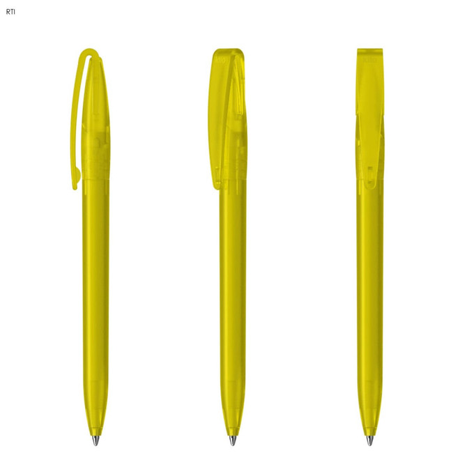 A set of bright yellow plastic pens with a transparent design and clip. The pens feature a smooth barrel and a branding logo.