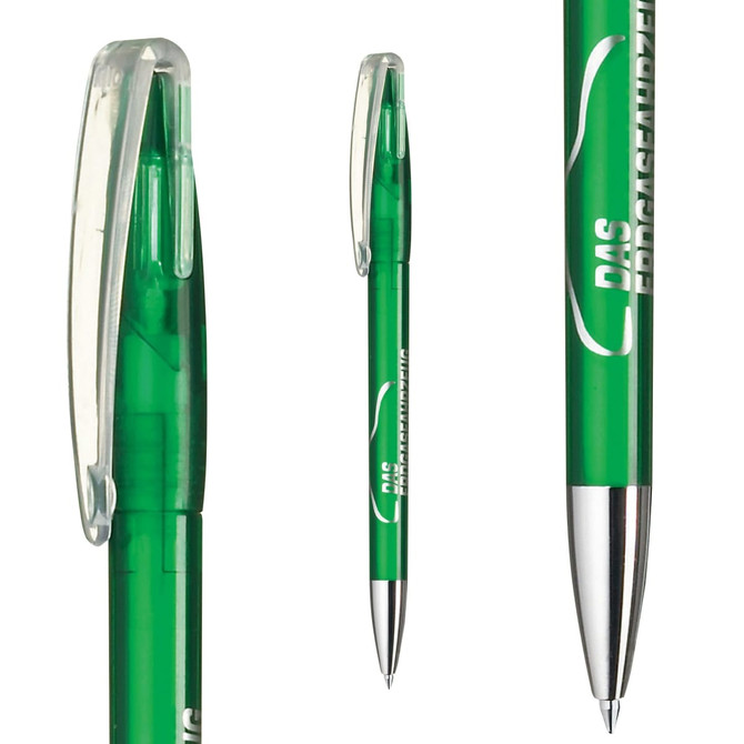 A green plastic pen with a transparent body and silver trim. The pen features a clip and branding.