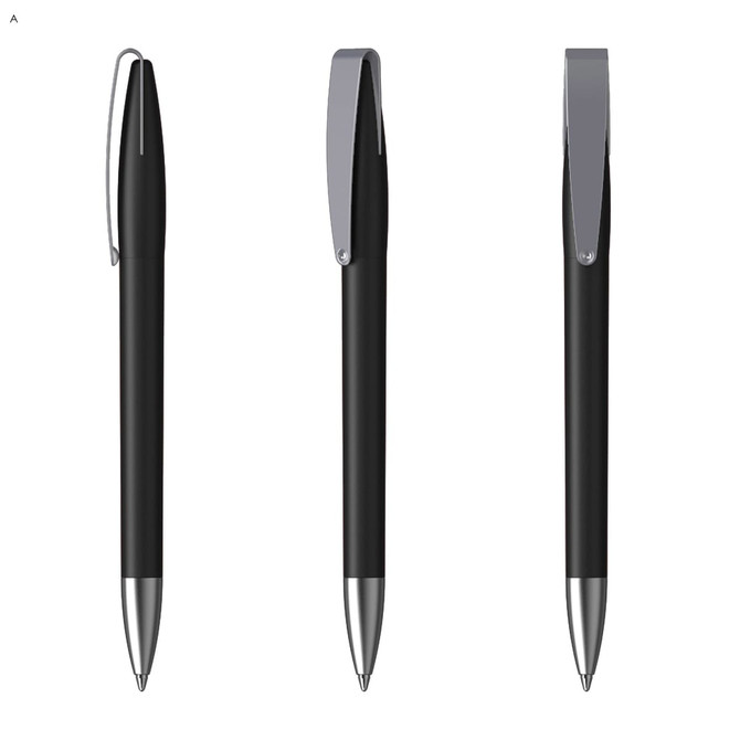 A set of three black plastic pens with silver accents and clips, featuring a sleek design.